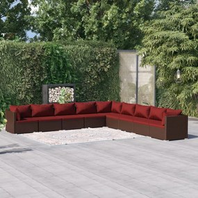 vidaXL 9 pcs conjunto lounge jardim c/ almofadões vime PE castanho