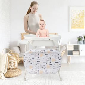 Troca-fraldas com banheira, portátil e dobrável, almofada em PVC, bandeja de armazenamento com 4 rodas universais, branco