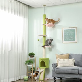 Arranhadores para gatos do chão ao teto, 5 níveis, altura ajustável de 220 a 240 cm, plataformas em forma de flor com arranhador, nicho e rede verde