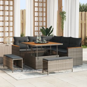 Conjunto de Sofá de Jardim de 8 Peças com Almofadas Cinza Rattan Poliéster Acácia