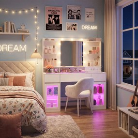 Toucador com espelho 107 x 40 x 144,5 cm (CADEIRA NÃO INCLUIDA), iluminação RGB, tomada e 2 armários Branco