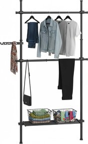 Guarda-roupa aberto com 2 varões e 1 prateleira com 3 níveis 33,5 x (84-123) x (220-300) cm , ajustável em altura e largura Preto