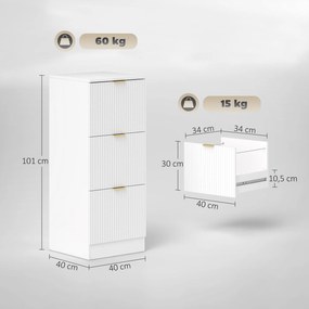 Bloco de Gavetas de Escritório com 3 Gavetas Frentes Caneladas Móvel para Arquivo para Tamanho A4 ou Carta 40x40x101 cm Branco