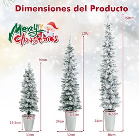 Conjunto de 3 árvores de Natal artificiais com neve e barris de metal cheios de cimento