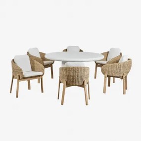 Conjunto De Mesa Redonda De Cimento Namara, 140 Cm De Diâmetro, E 6 Cadeiras De Jantar De Madeira De Acácia Leilan. Branco - Sklum