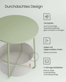 Mesa de apoio redonda, mesa de cabeçeira com cesto em tecido 45 x 50 cm (Ø x H) Verde louro + branco creme