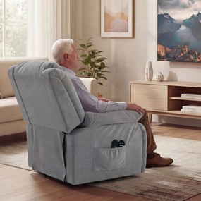 Poltrona elevatória elétrica com massagem e aquecimento, apoio para os pés, encosto reclinável, comando à distância e bolso lateral cinzento 