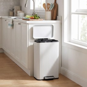 Caixote do lixo de cozinha em aço 33,6 x 29,8 x 59,5 cm com fecho suave e cesto interior amovível, 30 L, branco