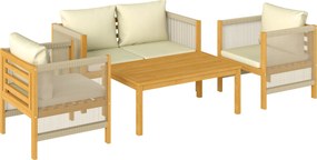 Outsunny Conjunto de Móveis de Jardim de 4 Peças com Sofá de 2 Lugares 2 Poltronas Mesa de Madeira Almofadas e Corda de PP Madeira e Bege | Aosom Portugal