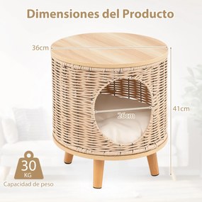 Casa para gatos de interior com estrutura em rattan respirável, pés em madeira de borracha, parte superior em MDF e almofada removível bege