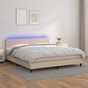 Cama box spring c/colchão/LED 160x200cm couro artif. cappuccino