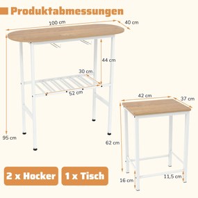 Mesa de bar com conjunto de 2 bancos com suportes para copos de vinho e garrafas, natural