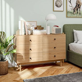 Cómoda com 6 gavetas, móvel de arrumação com pés em madeira maciça, 120 x 40 x 80 cm, cor de madeira