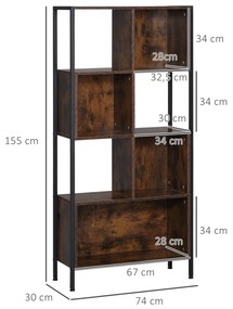 HOMCOM Estante Estilo Industrial de 4 Níveis Estante de Madeira com 7 Compartimentos para Sala de Estar Escritório Estúdio Anti-Tombo 74x30x155cm Marrom Rústico