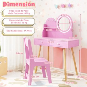 Conjunto de toucador para crianças com espelho iluminado de princesa Rosa