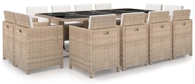vidaXL 13 pcs conjunto jantar exterior com almofadões vime PE bege