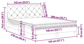 Cama com colchão 140x200 cm veludo cinzento-claro