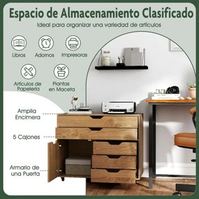 Armário de armazenamento para escritório 77,5 x 40 x 64 cm com 5 gavetas com porta 5 rodas com rodas suporte para impressora natural