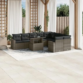 10 pcs conjunto sofás de jardim c/ almofadões vime PE cinzento