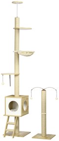 PawHut Árvore para Gatos do Chão ao Teto 220-260cm com Altura Ajustável Plataformas Rede Caverna Poste de Juta 40x40225-285cm Bege