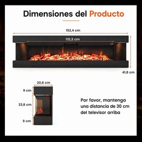 Lareira Elétrica de Parede com Vista de Três Lados, 152,4 x 20,6 x 41,8 cm, Controlo por Wi-Fi, Preto