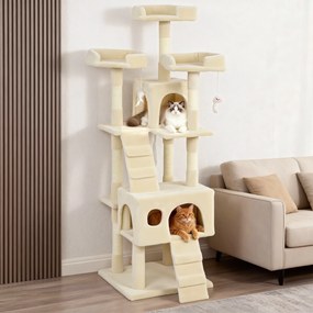 Arranhador para Gatos Arranhador de Gatos 153 cm com 2 Cavernas 3 Camas 2 Rampas Postes de Sisal e 2 Ratos Pendentes Bege