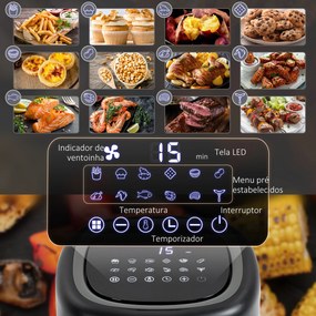 HOMCOM Fritadeira sem Óleo 3L Fritadeira de Ar Quente 1300W com 12 Programas Tela LED Tátil Temporizador Temperatura Ajustável e Cesta Antiaderente 29,5x23,8x30,3cm Preto