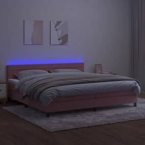 Cama box spring c/ colchão/LED 200x200 cm veludo rosa