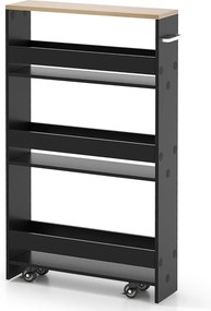 Carrinho de cozinha estreito 47,5 x 20 x 80,5 cm de 4 níveis com rodas com pega e estantes abertas para espaços pequenos Preto