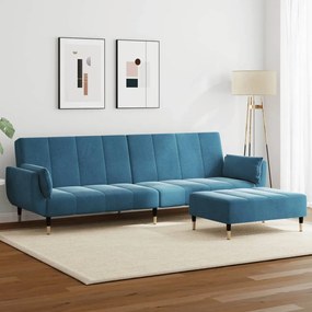 Sofá-cama 2 lugares c/ apoio de pés veludo azul