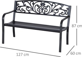 Banco de jardim para terraço em ferro fundido, 2 lugares, 127 x 60 x 87 cm, carga máxima de 240 kg  preto