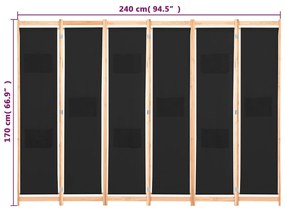 Divisória de quarto com 6 painéis 240x170x4 cm tecido preto