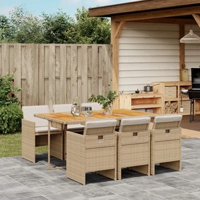7 pcs conjunto de jantar p/ jardim com almofadões vime PE bege
