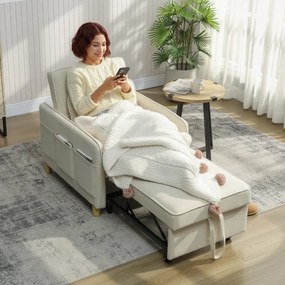 Poltrona Cama Estofado em Veludo Ecológico com Encosto Ajustável 3 Níveis 6 Bolsos Laterais 74x85,5x82 cm Bege