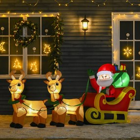 HOMCOM Pai Natal com Trenó e Renas Infláveis com Luzes LED Decoração de Natal para Exterior Ar Livre com Inflador 240x57x112cm Multicor