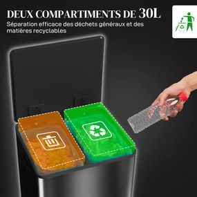 Caixote do lixo de cozinha com 2 compartimentos de 2 x 30 L, aço inoxidável, tampa com fecho suave, 47,7 x 37,5 x 66,8 cm, preto