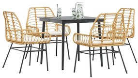 Conjunto jantar jardim 5 peças almofadas vidro vime PE castanho