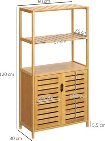 Móvel de casa de banho em bambu 60 (L) x 30 (P) x 120 (A) cm, 2 prateleiras abertas e porta dupla com ripas, natural