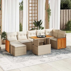 7 pcs conjunto sofás jardim com almofadões vime PE/acácia bege