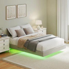 Estrutura de cama suspensa 140 x 190 cm com iluminação LED (COLCHÃO NÃO INCLUIDO), cama de casal estofada em linho, base de ripas de madeira, bege