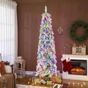 Árvore de Natal Estreita 225 cm Árvore de Natal efeito neve com Luzes LED Temporizador 11 Modos de Iluminação Verde