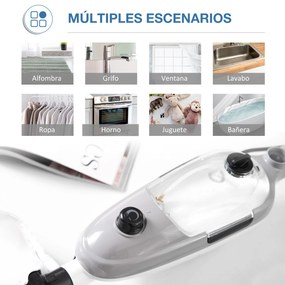 HOMCOM Mopa a Vapor 1300W Limpador a Vapor Multifuncional com Depósito de 450ml e 11 Acessórios Incluídos Aquecimento em 20-30 Segundos 28x21x112cm Cinza e Branco