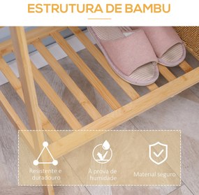 Suporte para Cabides de Bambu com 2 Prateleiras Abertas Barra e Ganchos Laterais para Roupa Bolsas 82x36,8x140cm Madeira