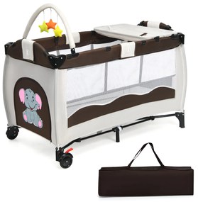 Berço bebés 3 em 1 com muda de roupa Centro de actividades dobrável e portátil Colchão Brinquedos para bebé  125 x 66 x 84 cm Castanho