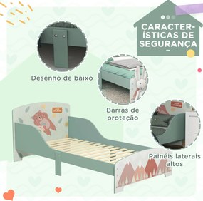 Cama para Crianças de Madeira (COLCHÃO NÃO INCLUIDO) com Barreira de Proteção e Estampados Carga Máx. 40 kg 77x143x60 cm Verde