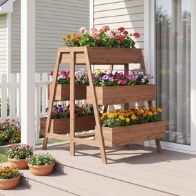 Floreira de jardim elevada de vários níveis em madeira com base de ripas e forro preto para interior e exterior castanho