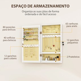 Espelho Joalheiro de Parede Armário para Jóias com Fechadura e Vários Compartimentos para Colares Anéis Pulseiras Branco e Creme
