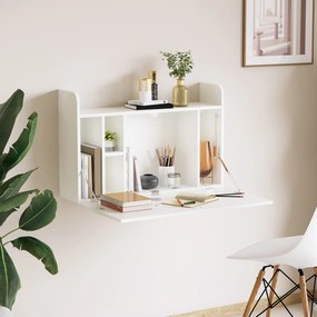 Secretária suspensa, 77 x 20 x 51 cm mesa de parede, mesa de computador de parede e prateleira rebatível com arrumação branca