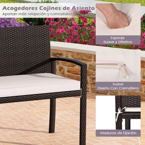 Banco jardim de vime para 2 pessoas 10 x 56 x 84 cm com almofada acolchoada, assento macio, encosto e apoios para os braços - castanho e brancoi