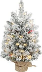 HOMCOM Mini Árvore de Natal Artificial com 35 Luzes LED 60 cm com 72 Ramos com Neve Pinhas Bagas e Base de Saco de Juta Ø37x60 cm Verde | Aosom Portugal